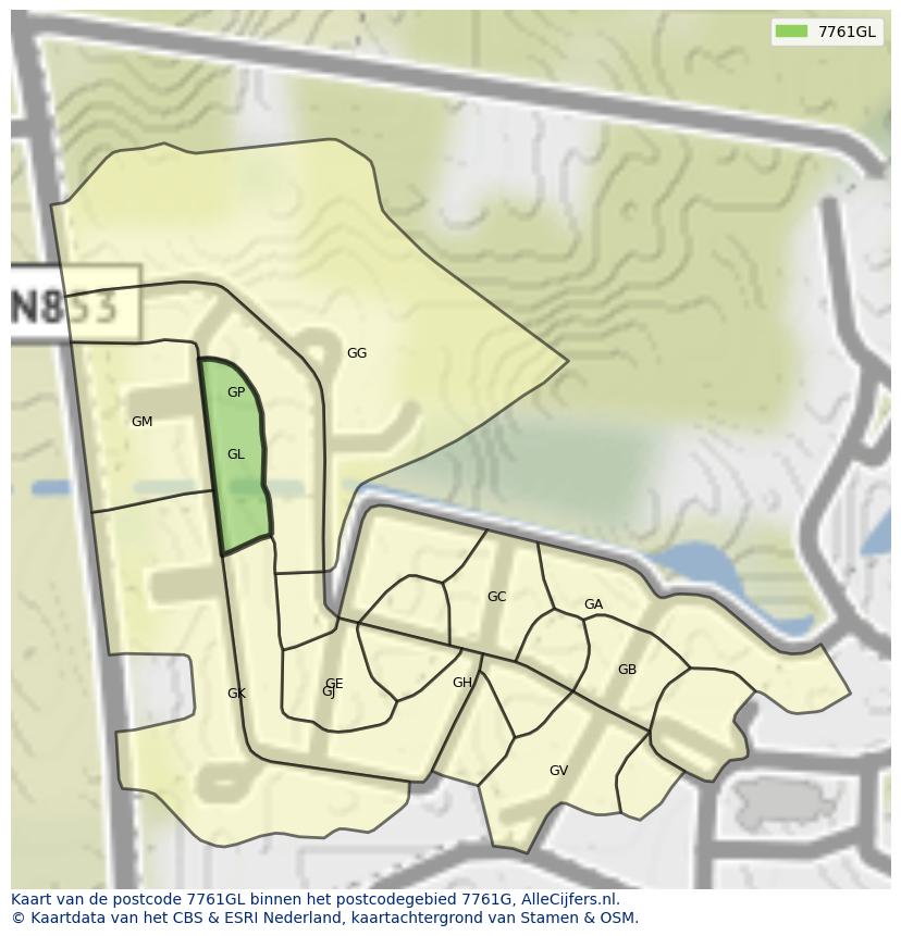 Afbeelding van het postcodegebied 7761 GL op de kaart.
