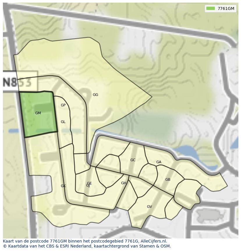 Afbeelding van het postcodegebied 7761 GM op de kaart.