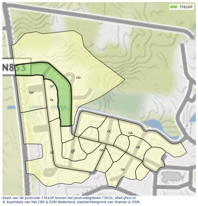 Afbeelding van het postcodegebied 7761 GP op de kaart.