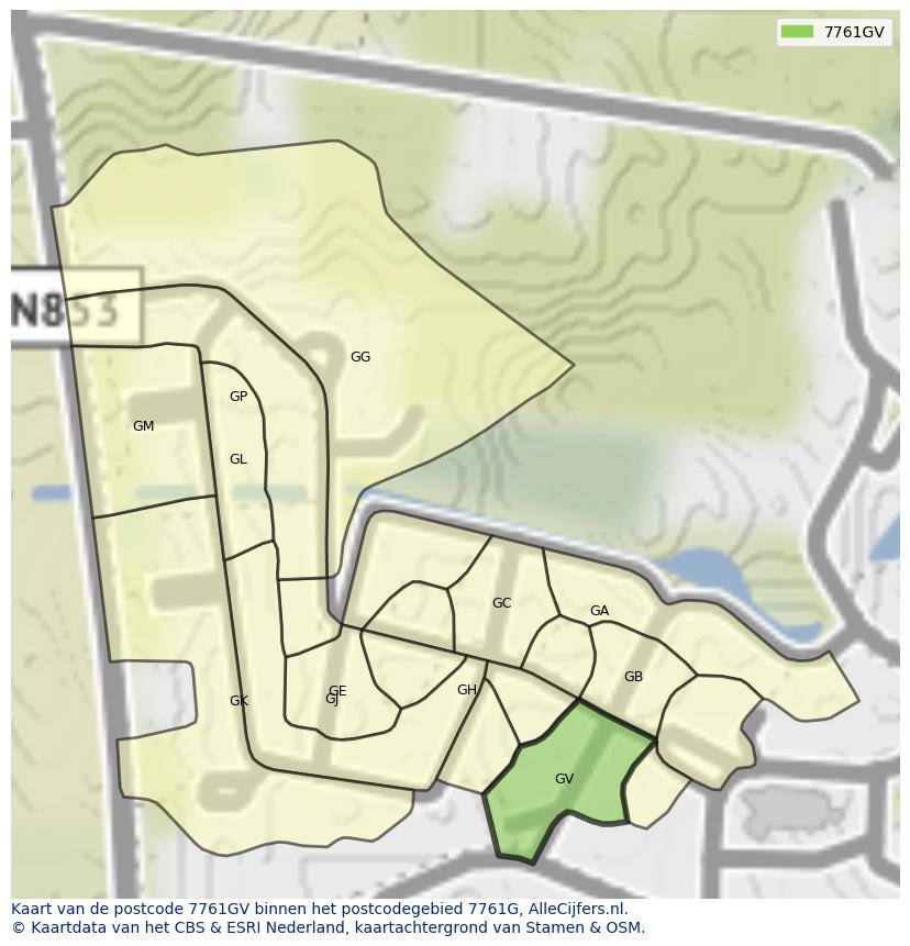 Afbeelding van het postcodegebied 7761 GV op de kaart.