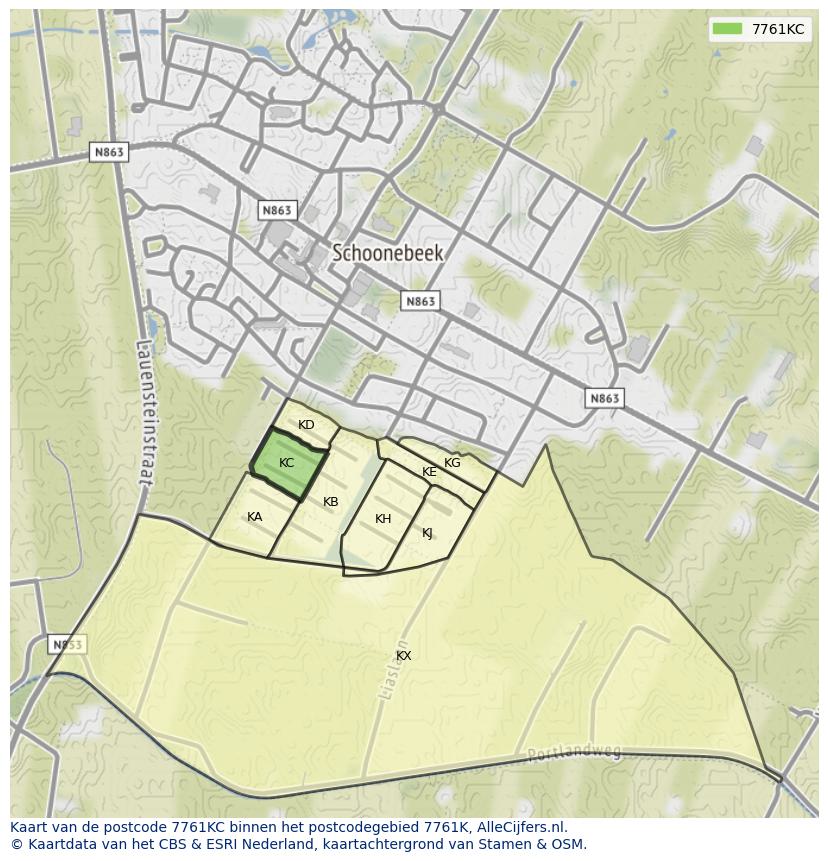 Afbeelding van het postcodegebied 7761 KC op de kaart.