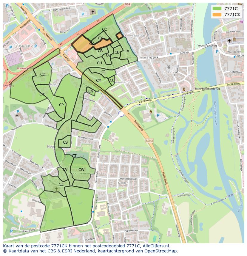 Afbeelding van het postcodegebied 7771 CK op de kaart.