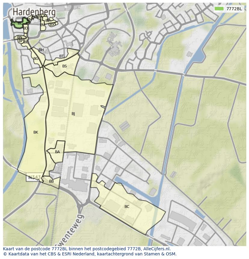 Afbeelding van het postcodegebied 7772 BL op de kaart.