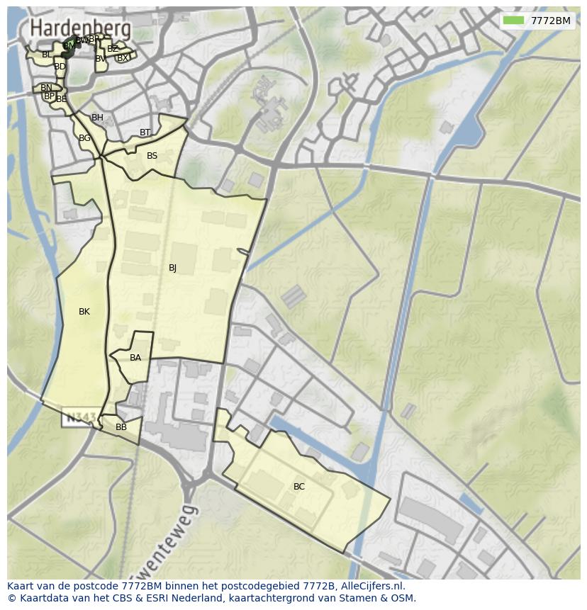 Afbeelding van het postcodegebied 7772 BM op de kaart.