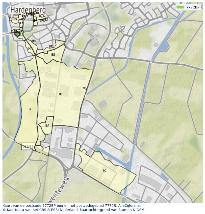 Afbeelding van het postcodegebied 7772 BP op de kaart.