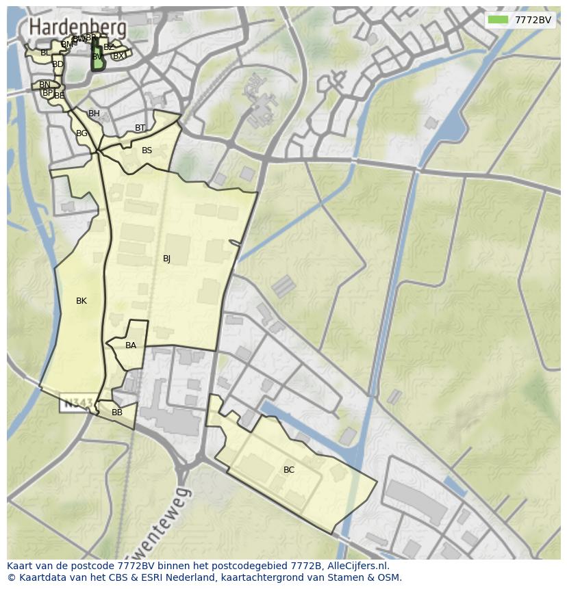 Afbeelding van het postcodegebied 7772 BV op de kaart.