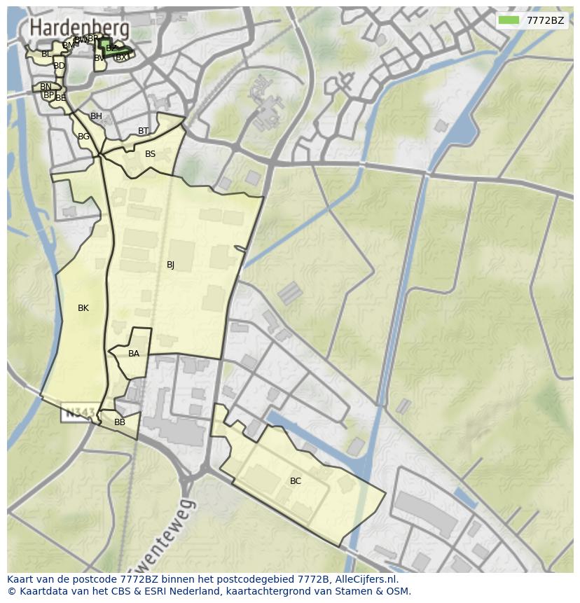 Afbeelding van het postcodegebied 7772 BZ op de kaart.