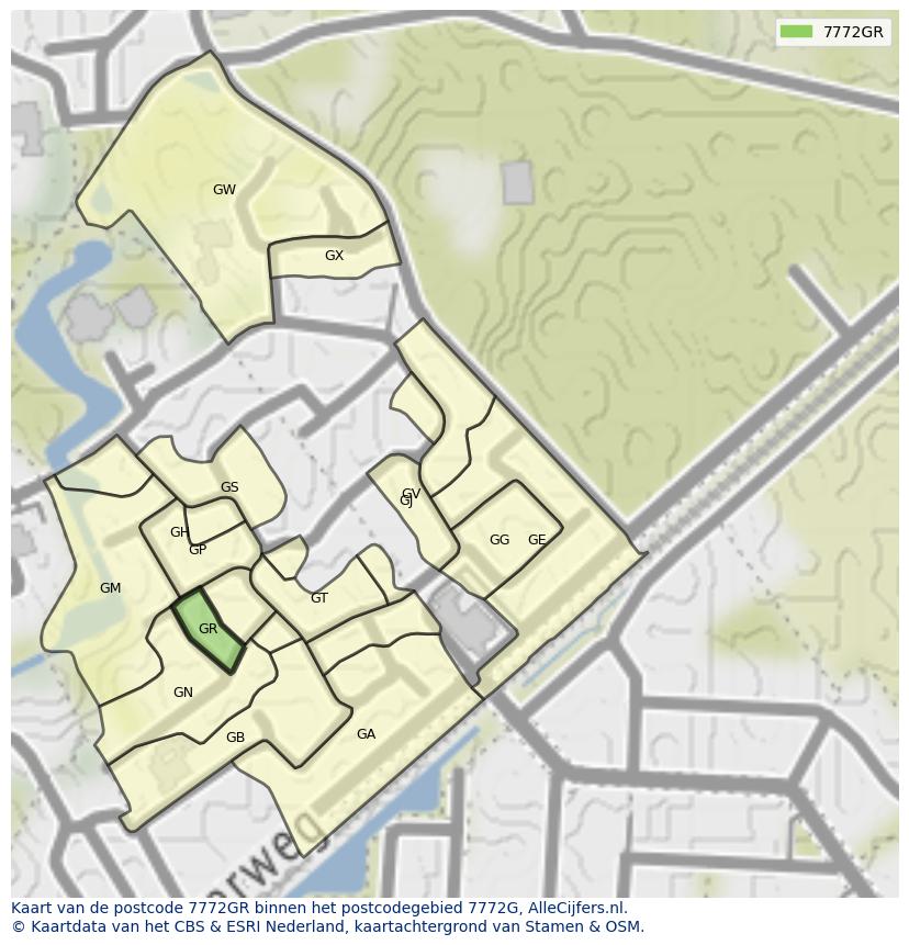 Afbeelding van het postcodegebied 7772 GR op de kaart.