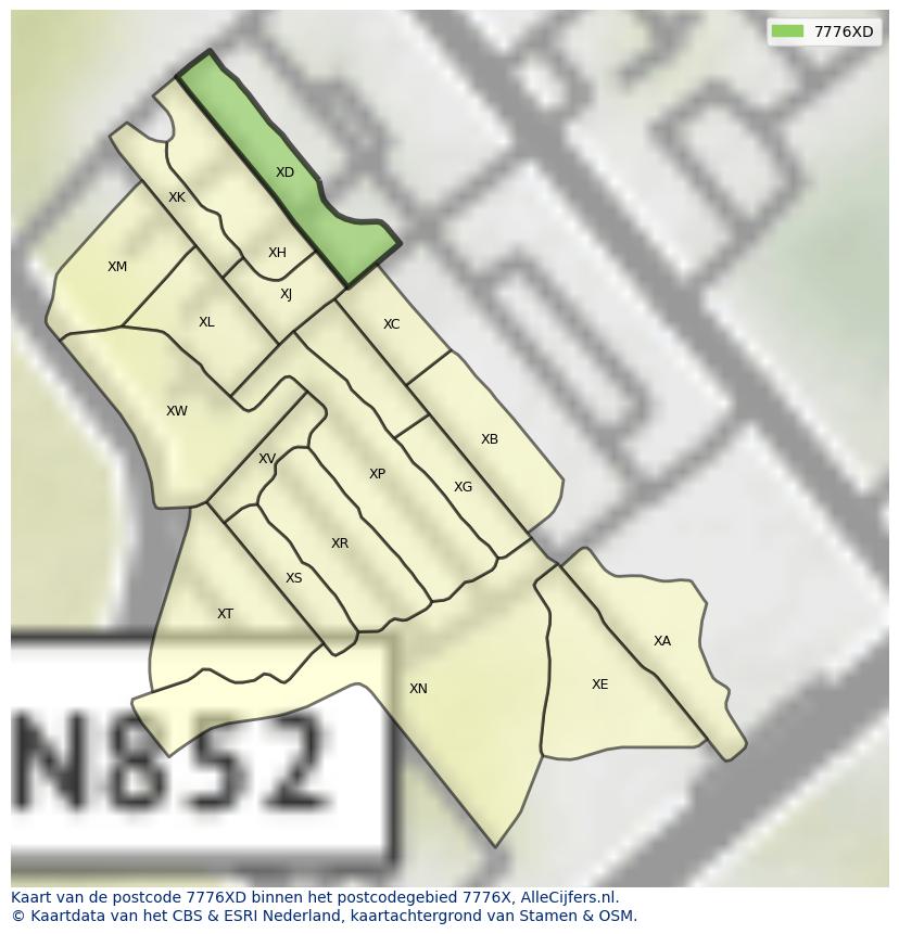 Afbeelding van het postcodegebied 7776 XD op de kaart.