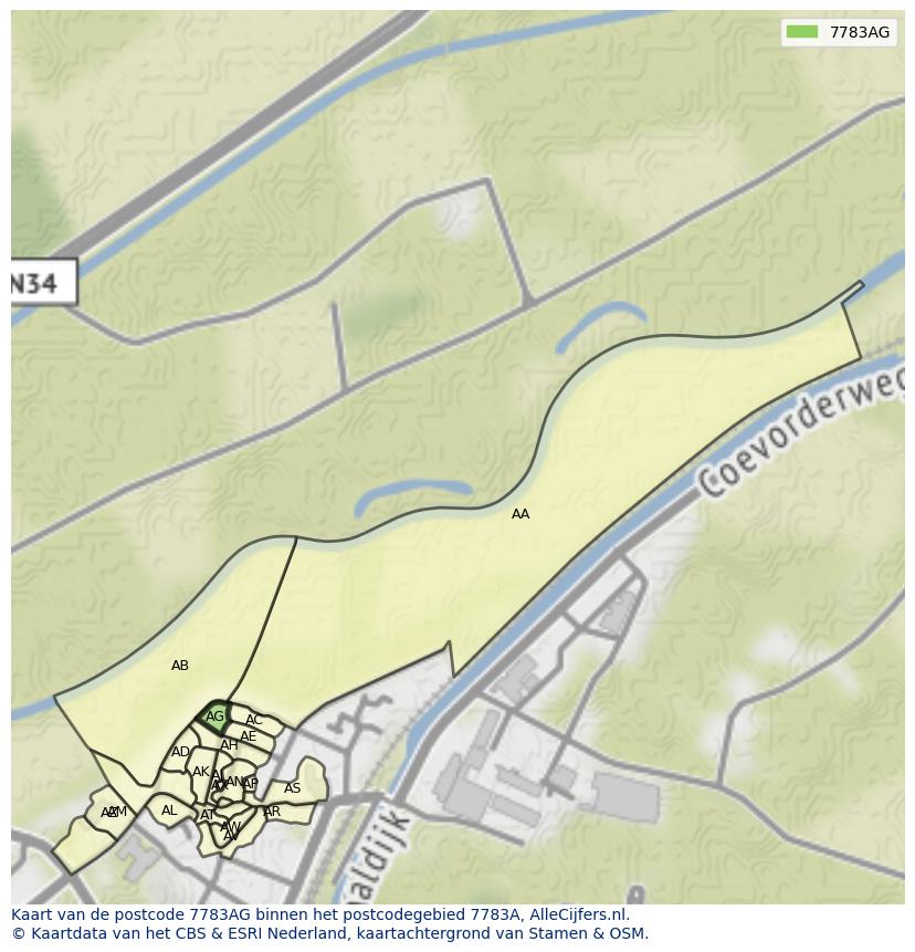 Afbeelding van het postcodegebied 7783 AG op de kaart.