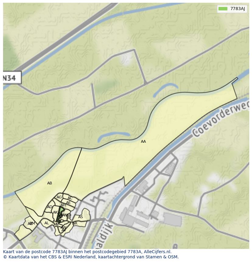 Afbeelding van het postcodegebied 7783 AJ op de kaart.