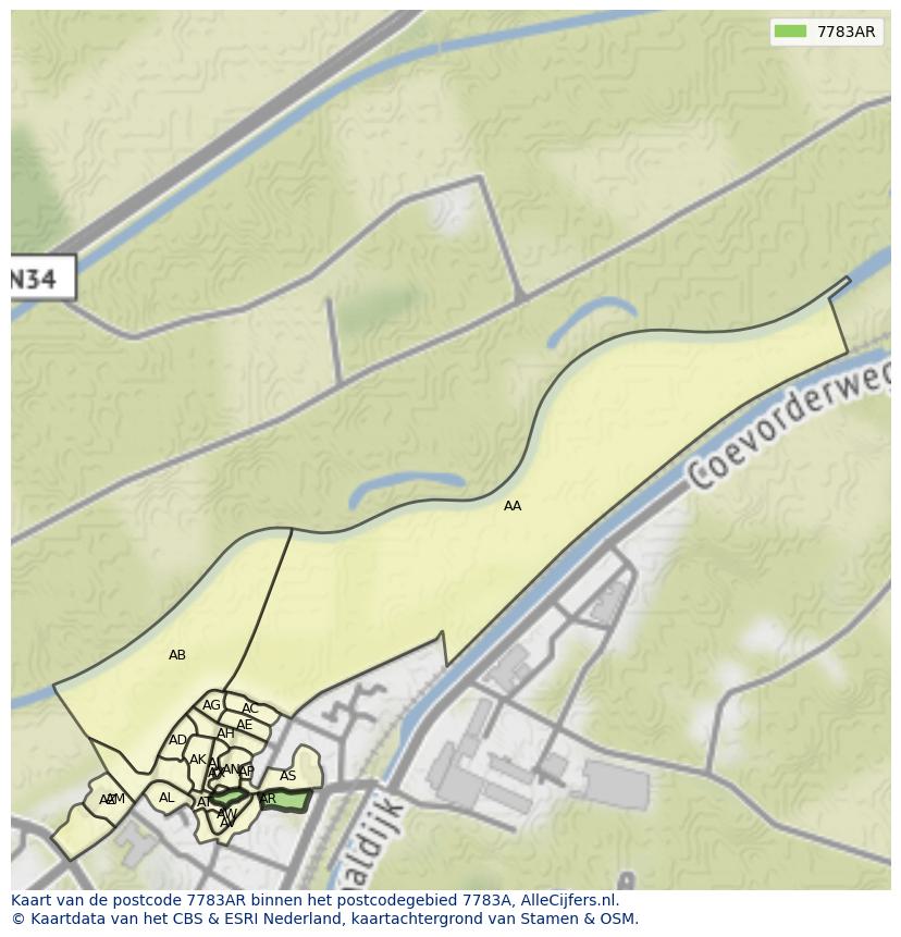 Afbeelding van het postcodegebied 7783 AR op de kaart.