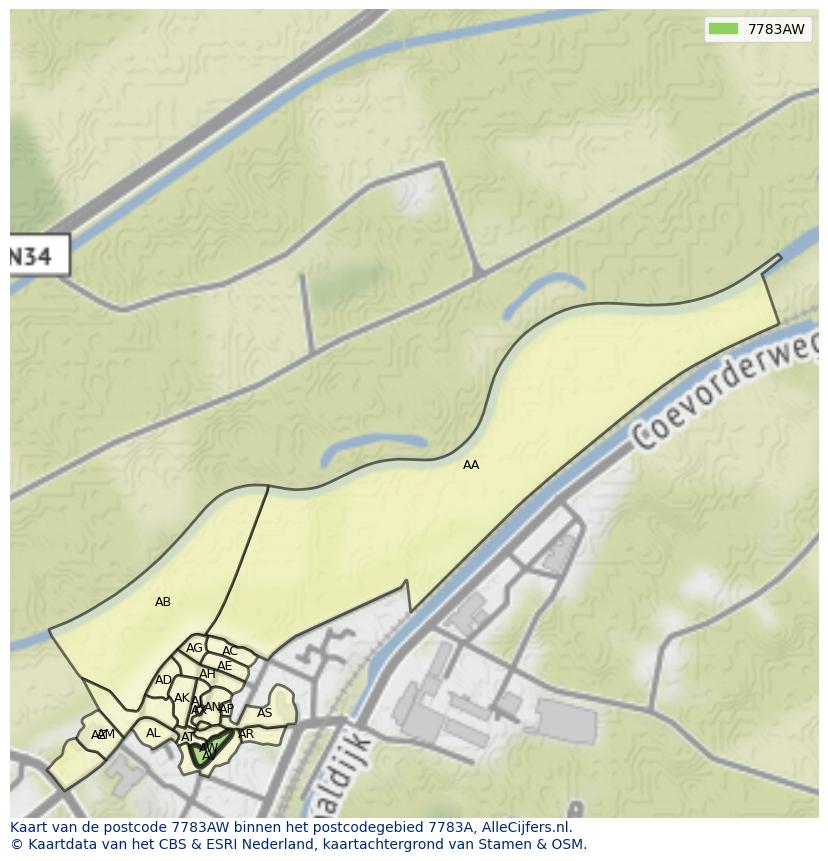 Afbeelding van het postcodegebied 7783 AW op de kaart.