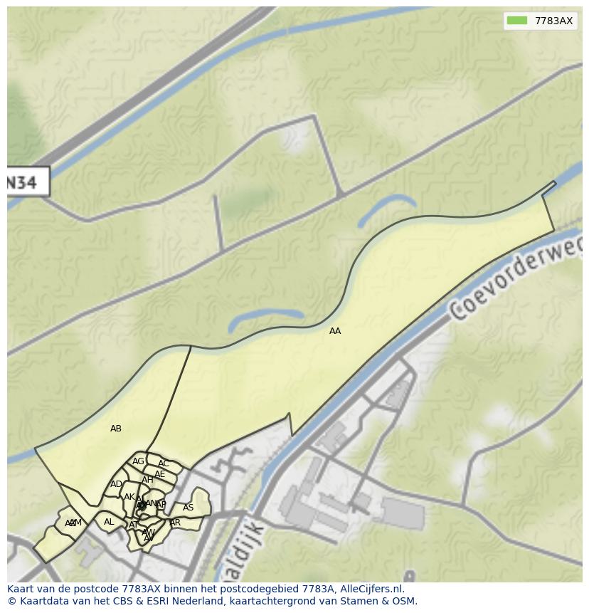 Afbeelding van het postcodegebied 7783 AX op de kaart.