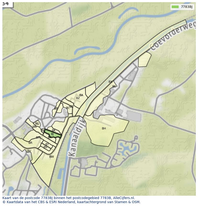 Afbeelding van het postcodegebied 7783 BJ op de kaart.