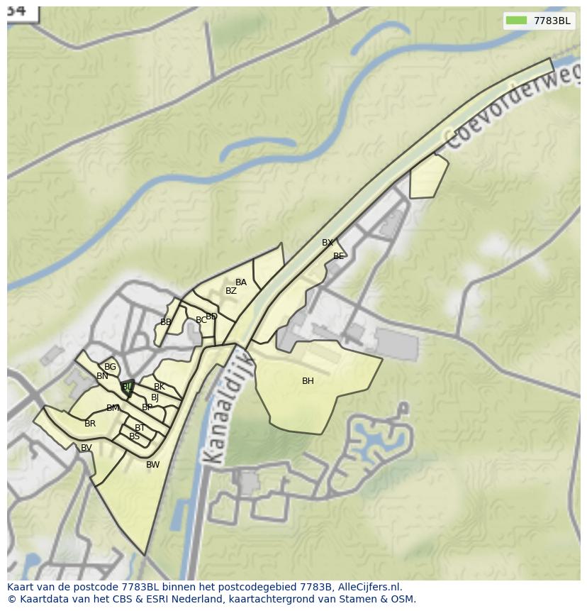 Afbeelding van het postcodegebied 7783 BL op de kaart.