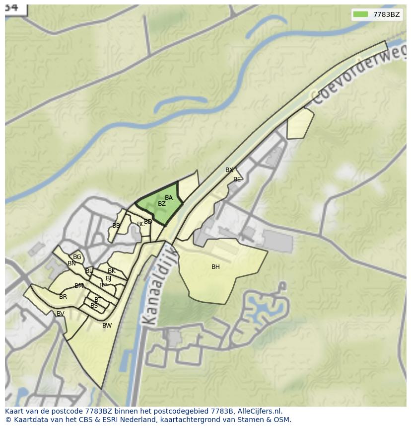 Afbeelding van het postcodegebied 7783 BZ op de kaart.