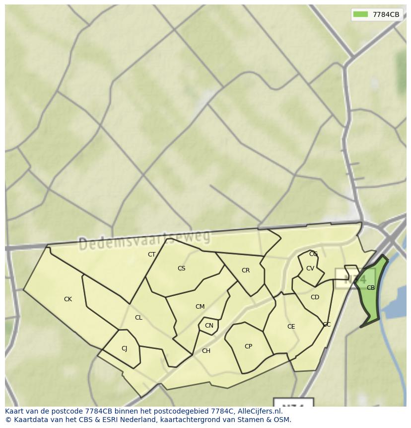 Afbeelding van het postcodegebied 7784 CB op de kaart.