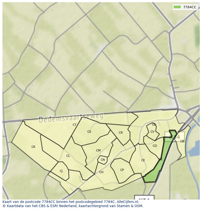 Afbeelding van het postcodegebied 7784 CC op de kaart.
