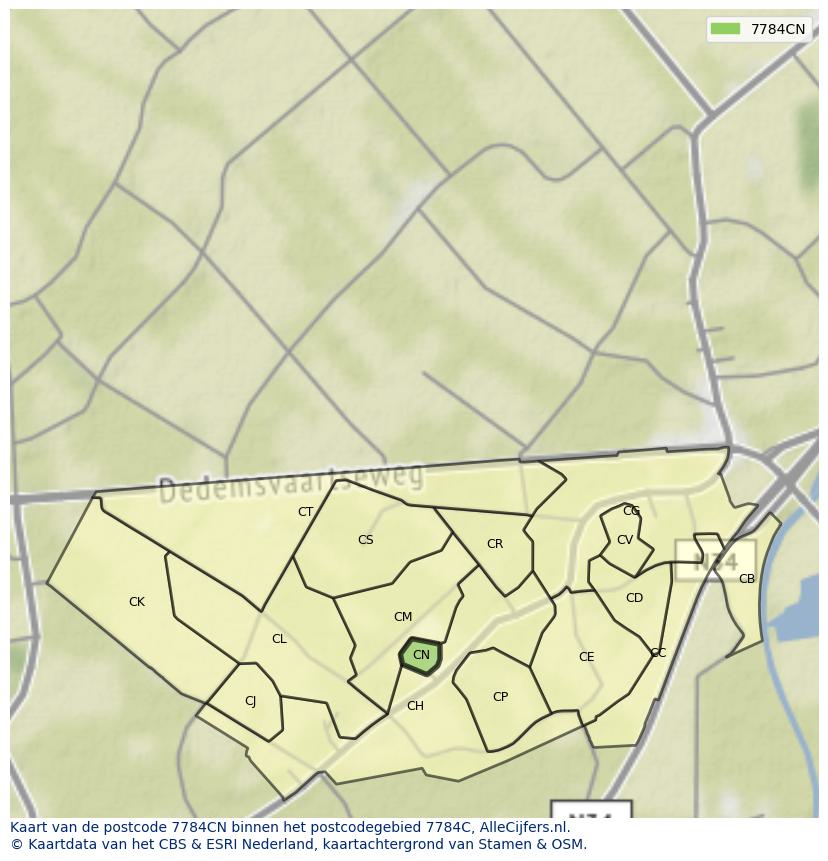 Afbeelding van het postcodegebied 7784 CN op de kaart.