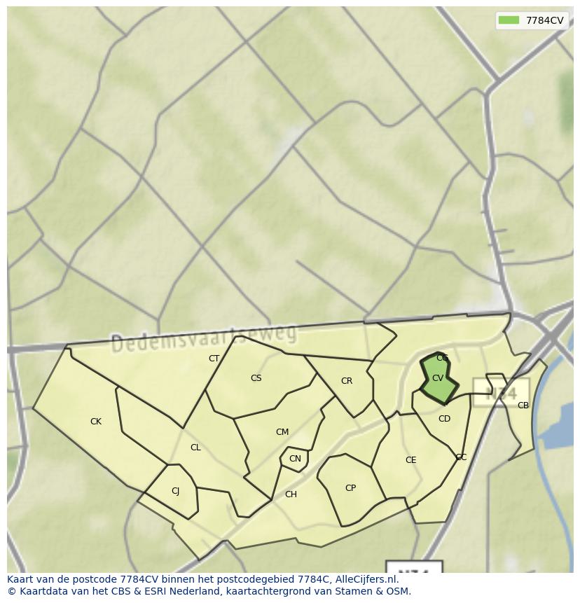 Afbeelding van het postcodegebied 7784 CV op de kaart.