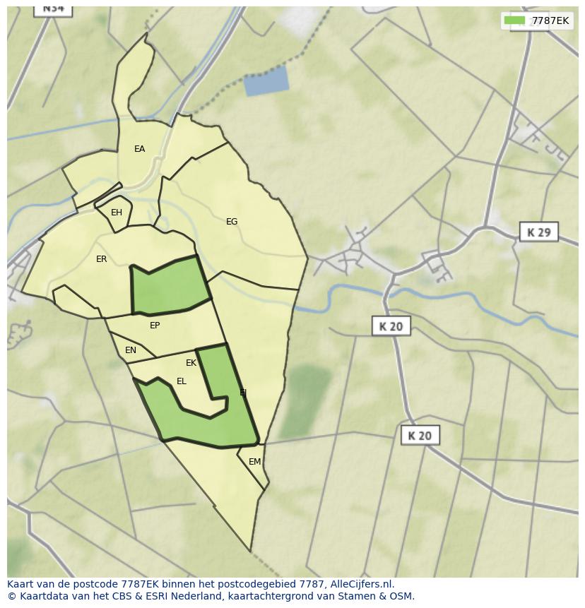 Afbeelding van het postcodegebied 7787 EK op de kaart.