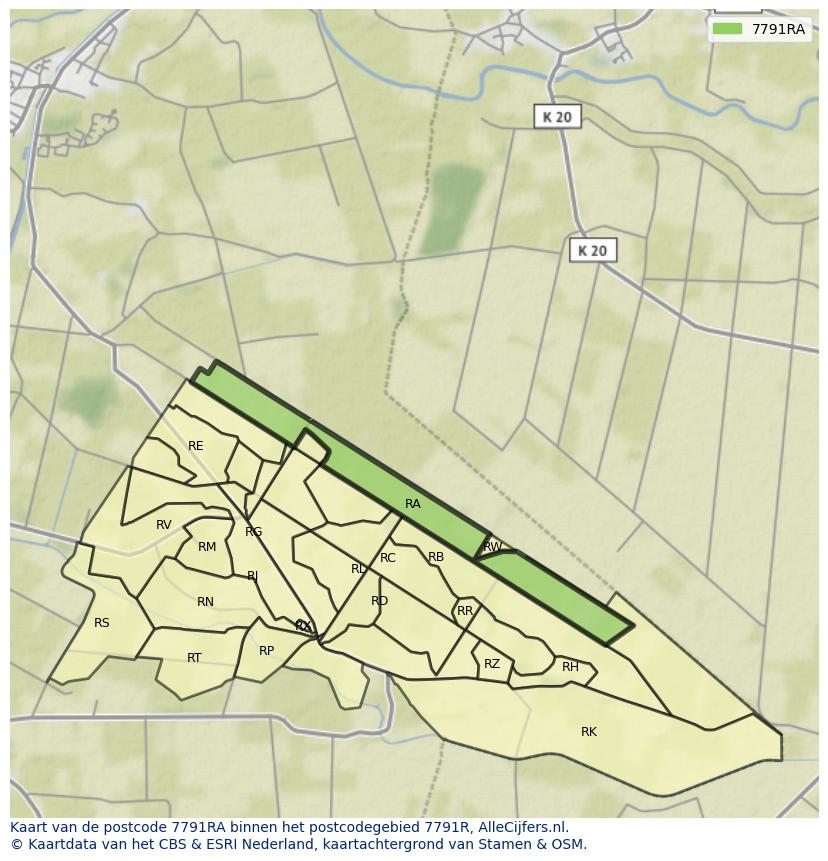 Afbeelding van het postcodegebied 7791 RA op de kaart.