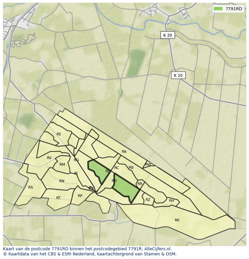 Afbeelding van het postcodegebied 7791 RD op de kaart.