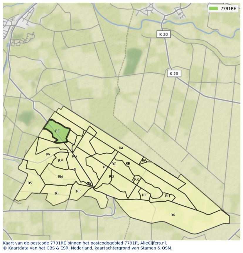 Afbeelding van het postcodegebied 7791 RE op de kaart.