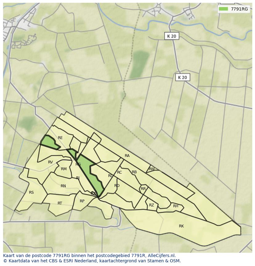 Afbeelding van het postcodegebied 7791 RG op de kaart.