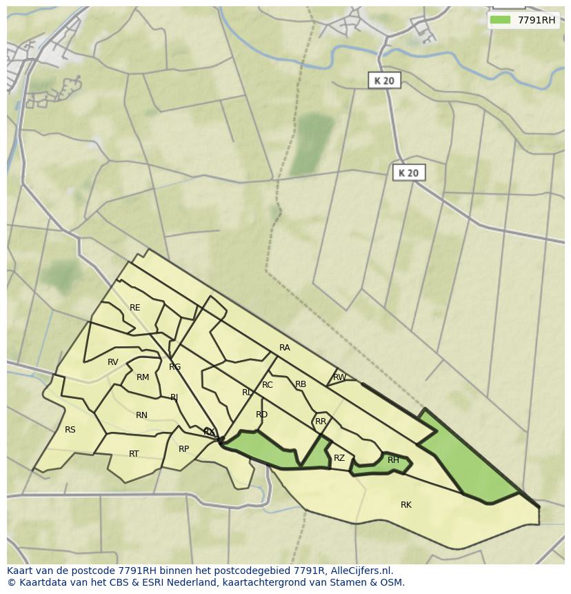 Afbeelding van het postcodegebied 7791 RH op de kaart.