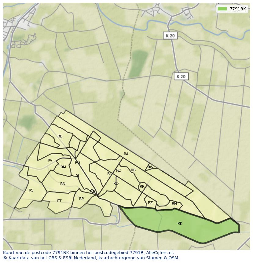 Afbeelding van het postcodegebied 7791 RK op de kaart.