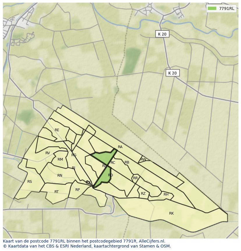 Afbeelding van het postcodegebied 7791 RL op de kaart.