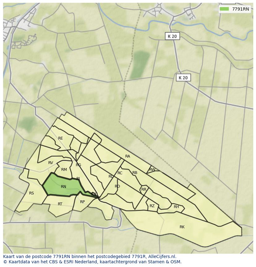 Afbeelding van het postcodegebied 7791 RN op de kaart.