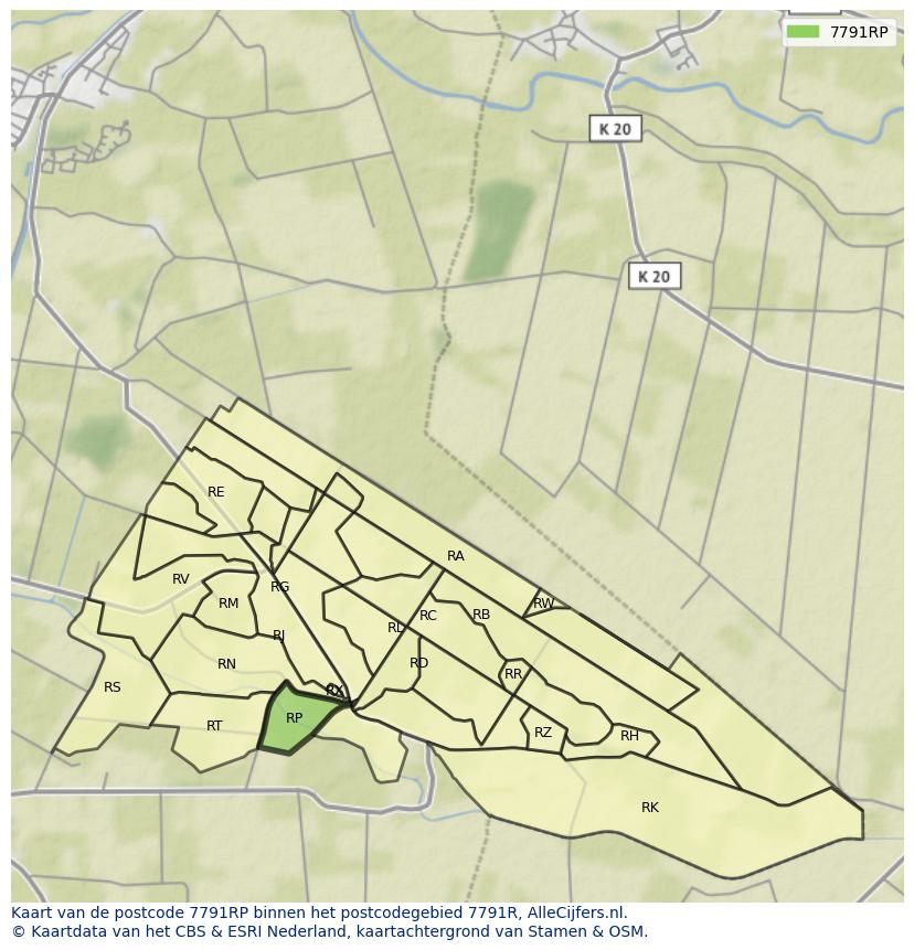 Afbeelding van het postcodegebied 7791 RP op de kaart.