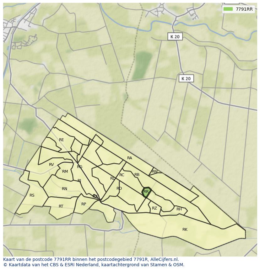 Afbeelding van het postcodegebied 7791 RR op de kaart.