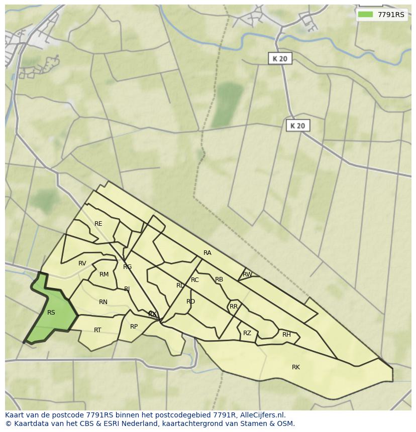 Afbeelding van het postcodegebied 7791 RS op de kaart.