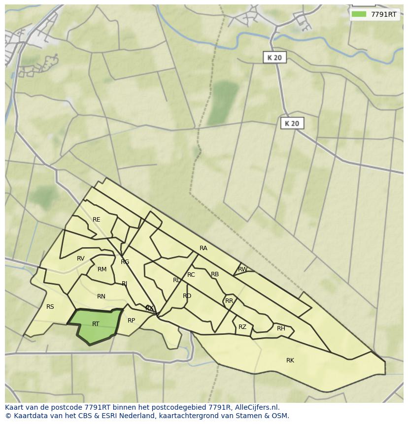 Afbeelding van het postcodegebied 7791 RT op de kaart.