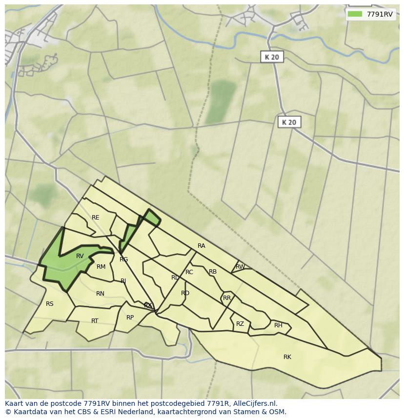 Afbeelding van het postcodegebied 7791 RV op de kaart.