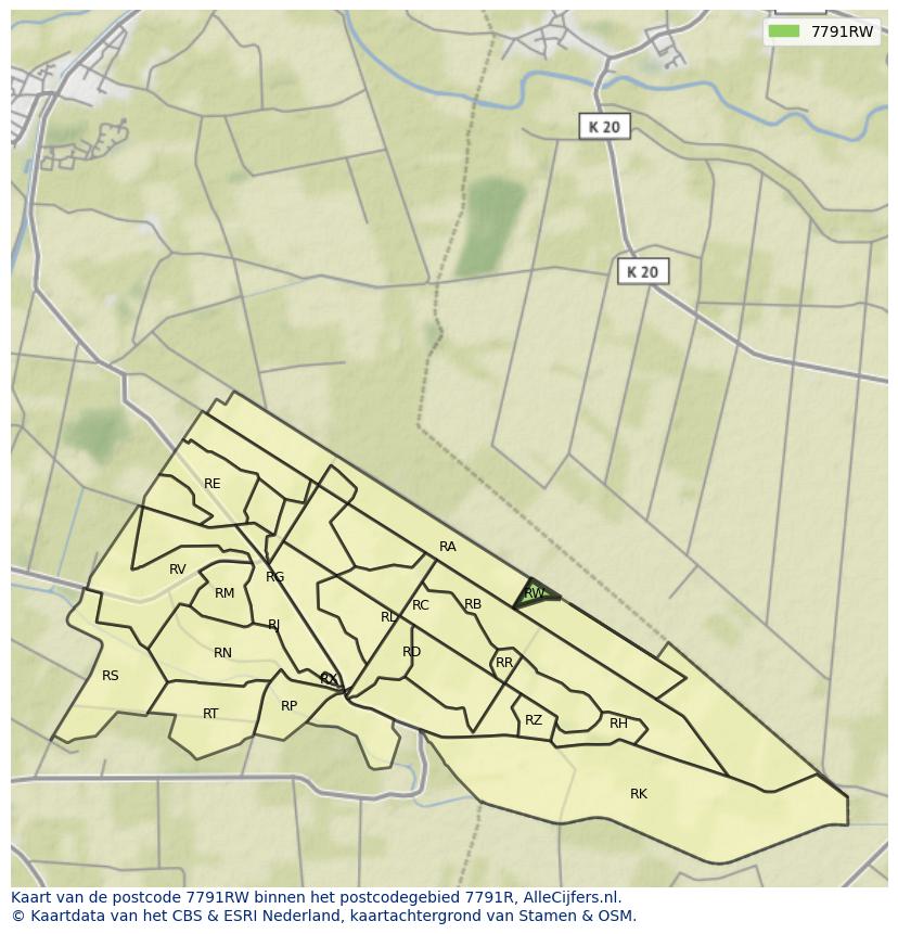 Afbeelding van het postcodegebied 7791 RW op de kaart.
