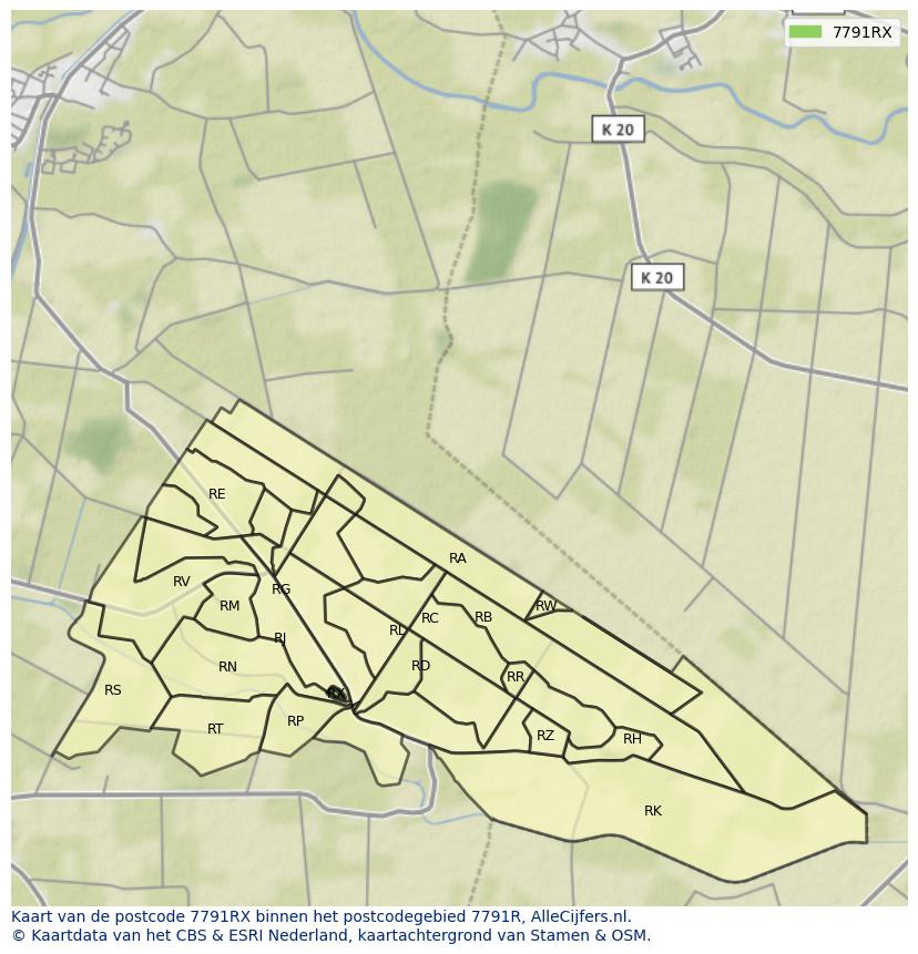 Afbeelding van het postcodegebied 7791 RX op de kaart.