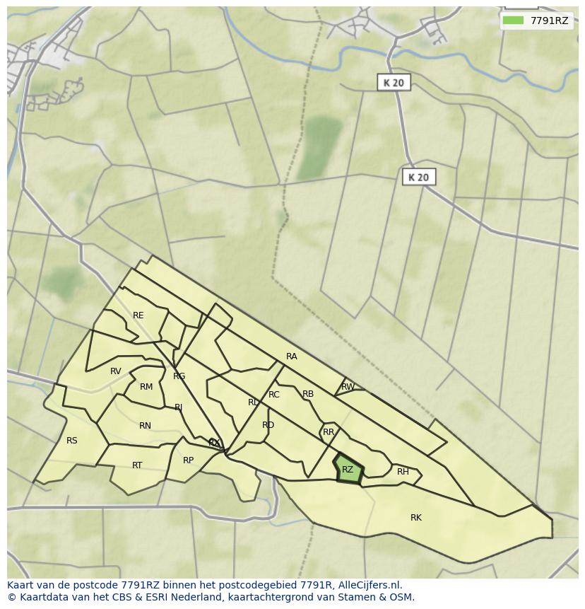 Afbeelding van het postcodegebied 7791 RZ op de kaart.
