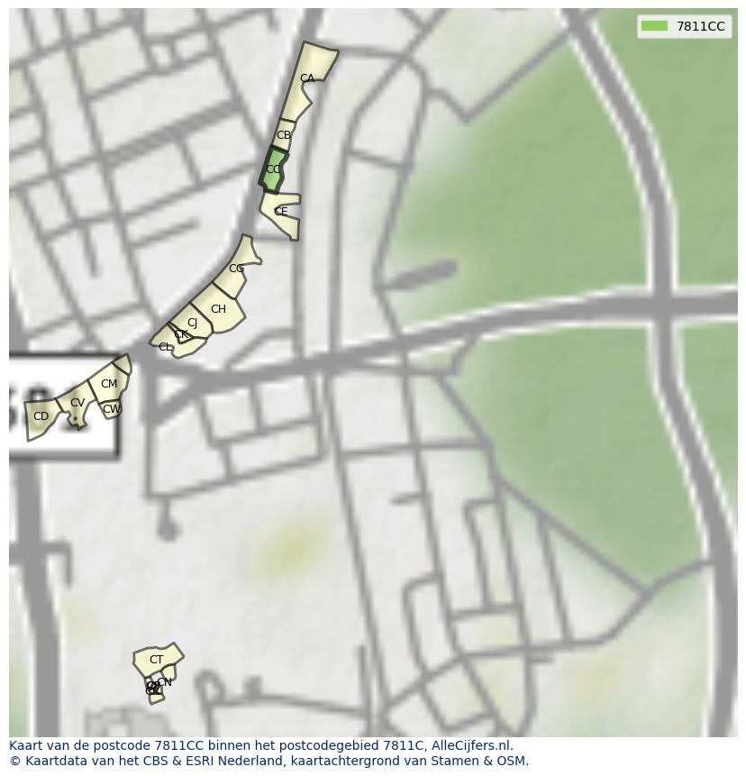 Afbeelding van het postcodegebied 7811 CC op de kaart.