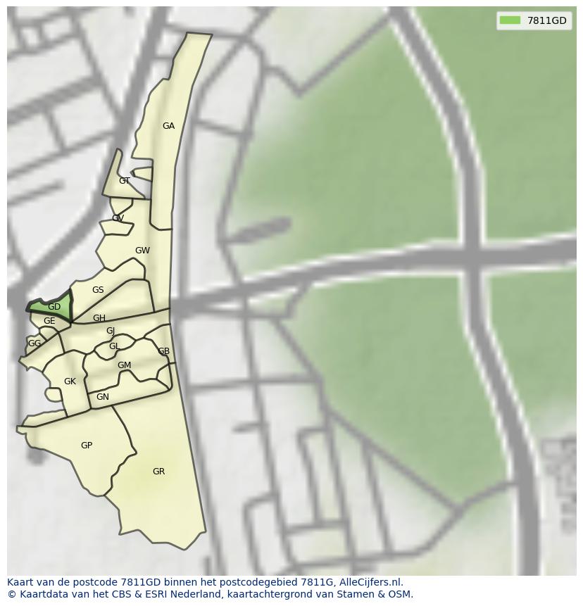 Afbeelding van het postcodegebied 7811 GD op de kaart.