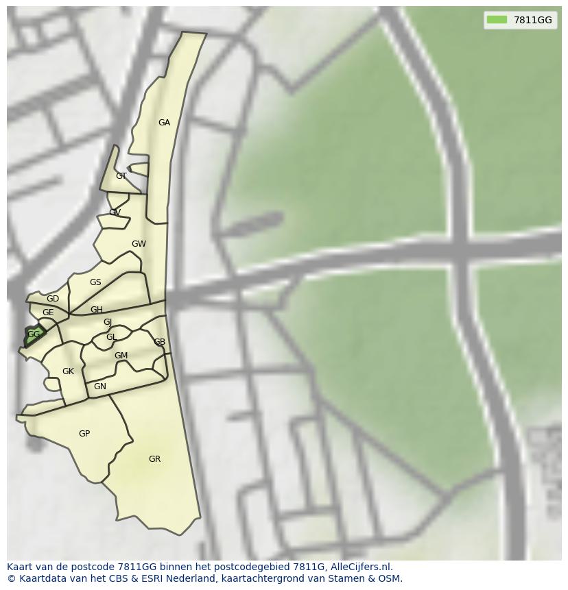 Afbeelding van het postcodegebied 7811 GG op de kaart.