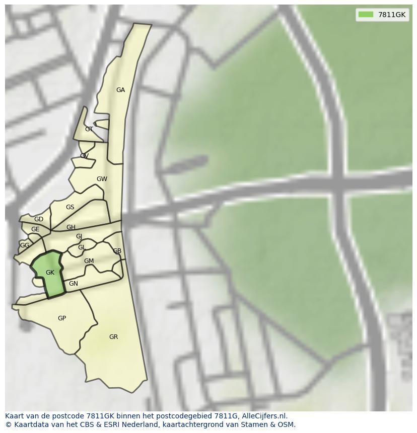 Afbeelding van het postcodegebied 7811 GK op de kaart.