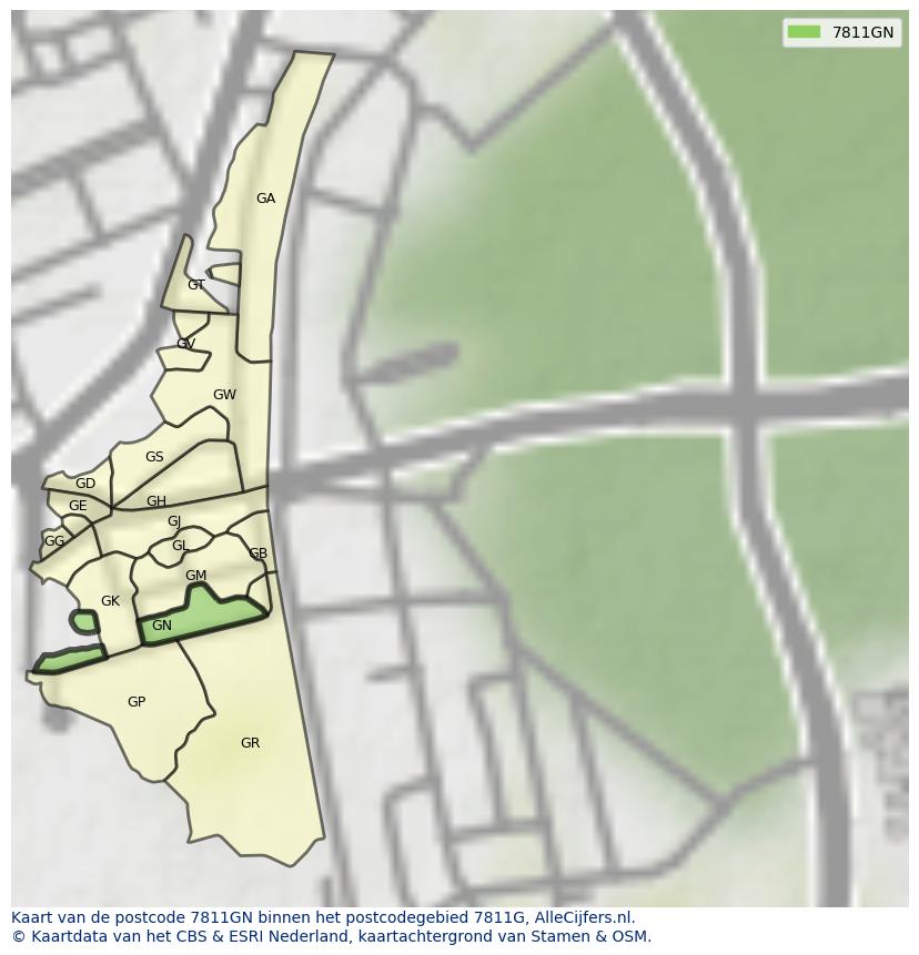 Afbeelding van het postcodegebied 7811 GN op de kaart.