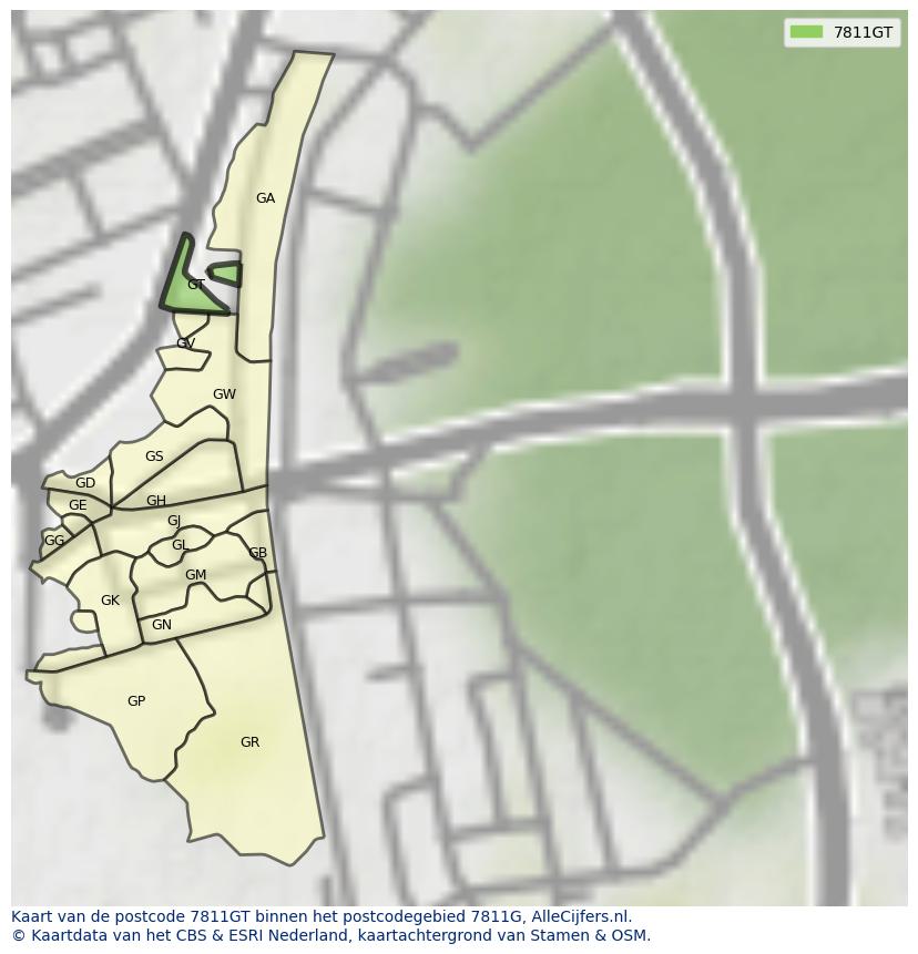 Afbeelding van het postcodegebied 7811 GT op de kaart.