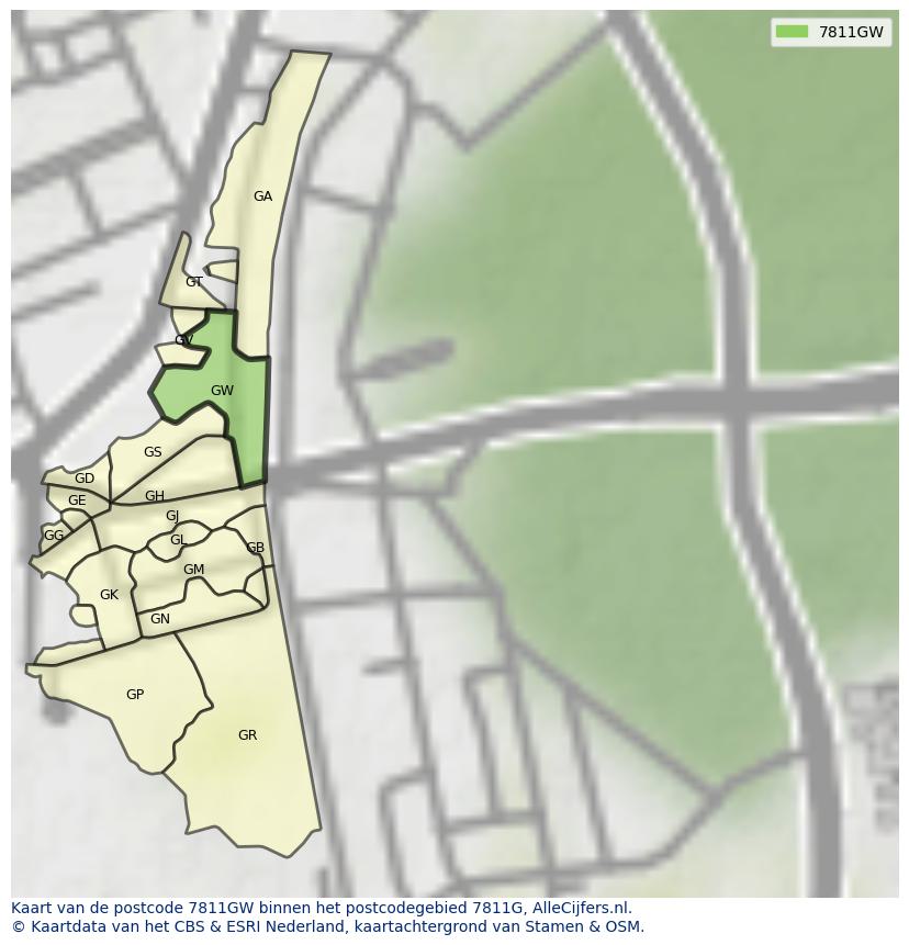 Afbeelding van het postcodegebied 7811 GW op de kaart.