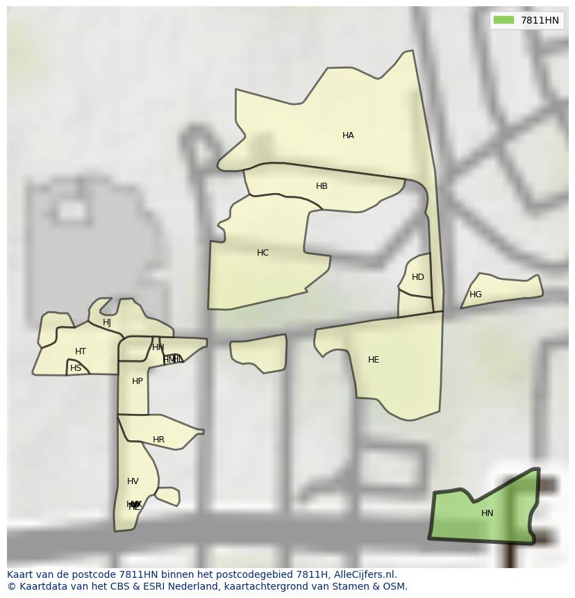Afbeelding van het postcodegebied 7811 HN op de kaart.